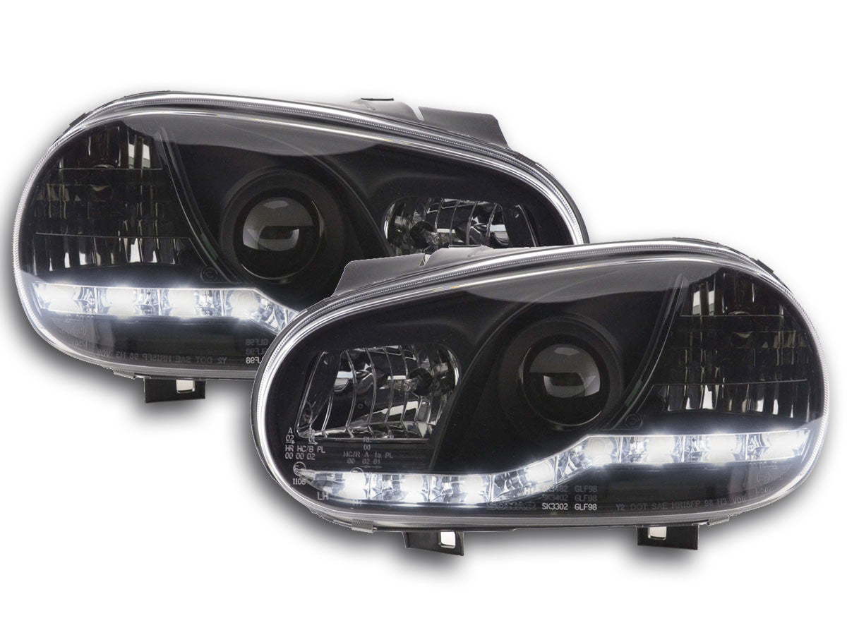 Scheinwerfer Set Daylight LED Tagfahrlicht VW Golf 4 97-03 schwarz Scheinwerfer Set Daylight LED Tagfahrlicht VW Golf 4 97-03 schwarz